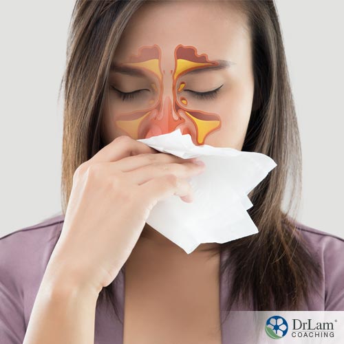 An image of a woman wiping her nose with a tissue due to sinus drainage