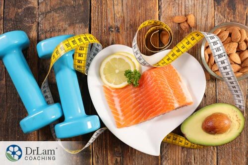 Waist measuring tape with Avocado health benefits, salmon, and dumbbells. 