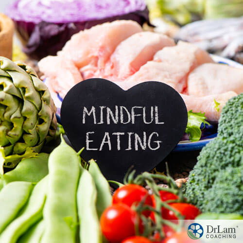 An image of healthy food surrounding a chalkboard heart with mindful eating written on it