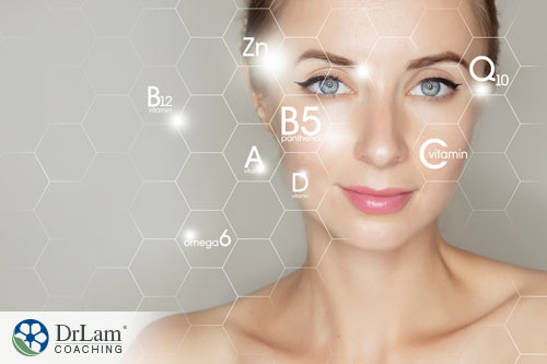 An image of a woman with nutrient symbols overlayed on her face