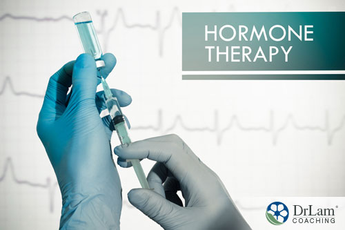 An image of a doctor filling a syringe with hormones next to a sign saying hormone therapy