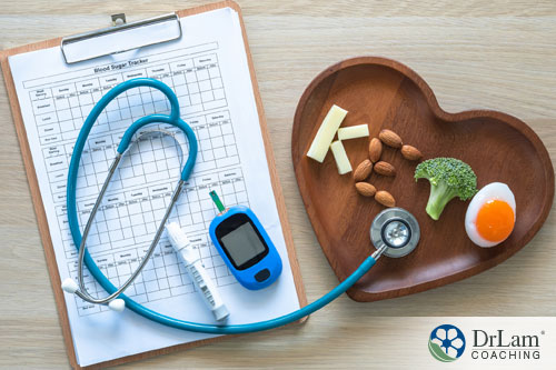 An image of a clipboard with a glucose monitor and stethoscope next to a wood platter with keto foods spelling keto