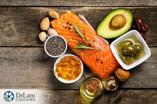 An image of salmon, olives, avocado, and other omega 3 rich foods