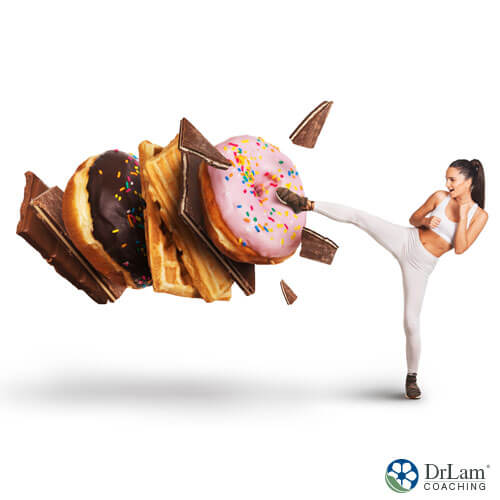 An image of a woman karate-kicking unhealthy food away