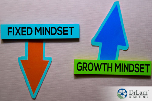An image of fixed mindset with a downwards pointing arrow and growth mindset with an upwards facing arrow