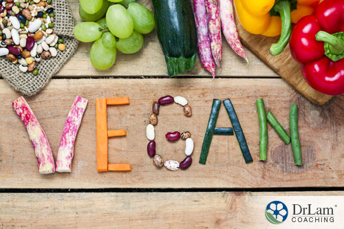 An image of the word vegan spelled out in vegetables and beans
