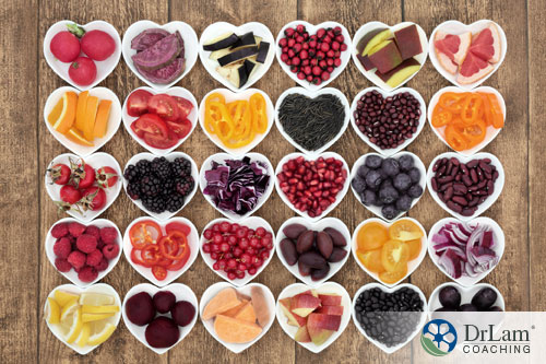 An image of a variaty of vegan foods in heart shaped bowls