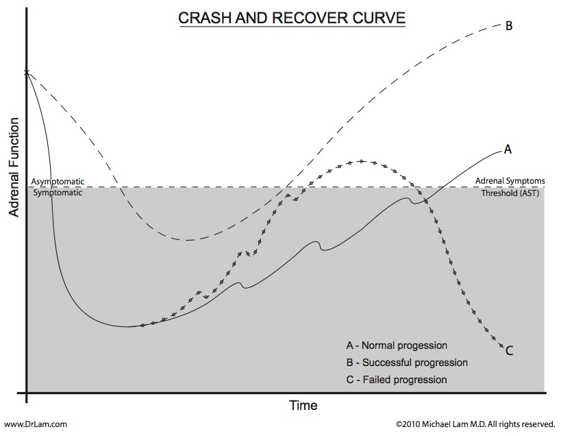 A graph depicting what a successful and a failed recovery look like in an adrenal fatigue crash