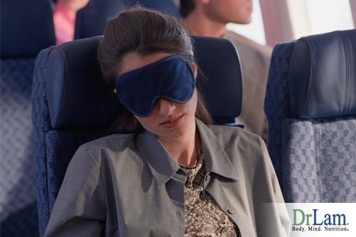 Staying relaxed in the airplane can involve decreasing light exposure, eye shades and closing the window are air travel tips