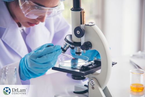 An image of a woman looking at a sample under a microscope