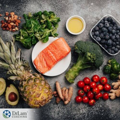 An image of a salmon, blueberries, pineapple, avocado and other anti-inflammatory food