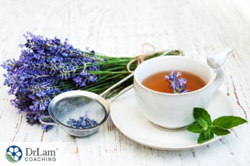 An image of lavender and a cup of tea