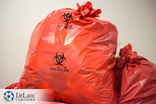 An image of biohazard trash bags full of benzene-contaminated clothing