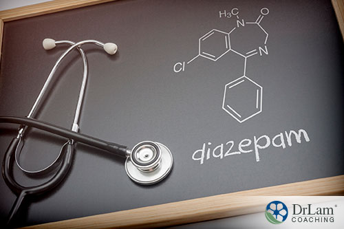 An image of a chalkboard with diazepam written on it and a stethoscope next to it