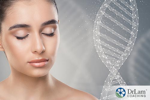 An image of a young woman's face next to a DNA double helix