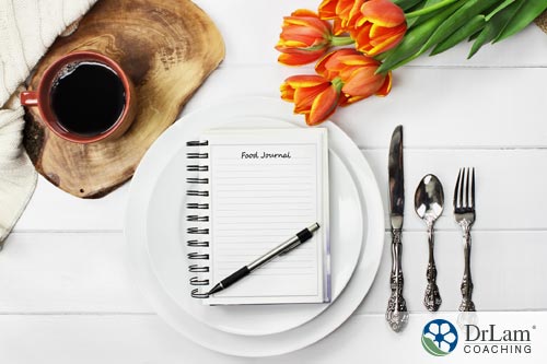 An image of a place white place setting with a food journal on the plates, a good tool to help with bloating, along with a cup of coffee and a bunch of orange tulips