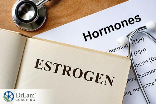An image of a book with the word estrogen on it next to a stethoscope
