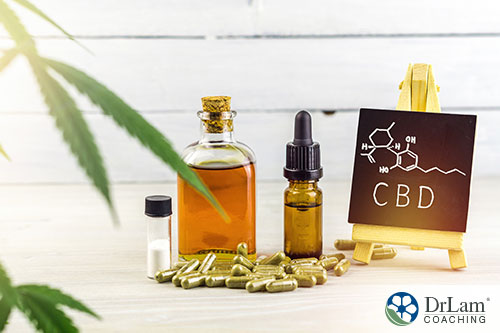 An image of CBD oils and capsules with a diagram