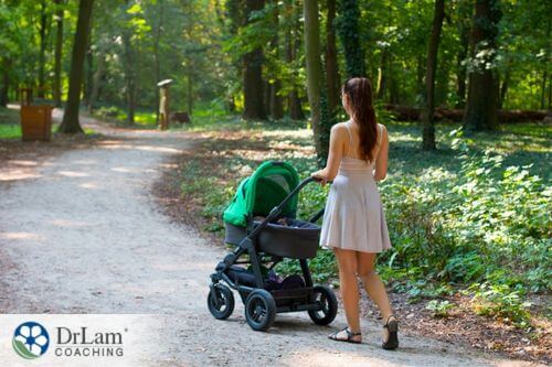 An image of a woman walking with her baby in a stroller