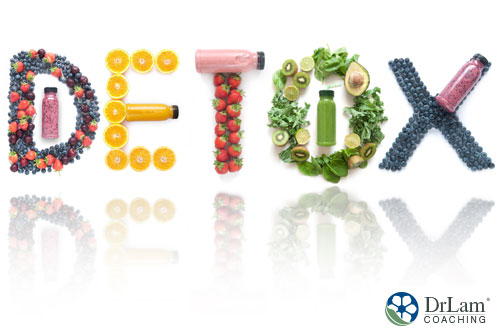 An image of the word detox formed with fruits and vegetables