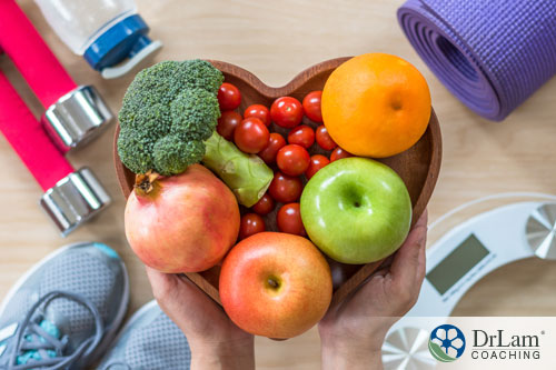 An image of a heart-shaped bowl holding heart-healthy food