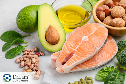 An image of good fat sources like salmon and avocado