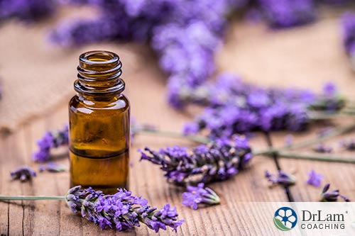 An image of lavender around a bottle of essential oil