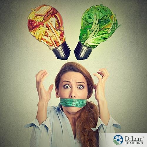 An image of a woman with two idea lightbulbs over her head. One is healthy foods, the other is junk foods.