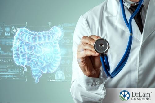 An image of the intestines next to a doctor