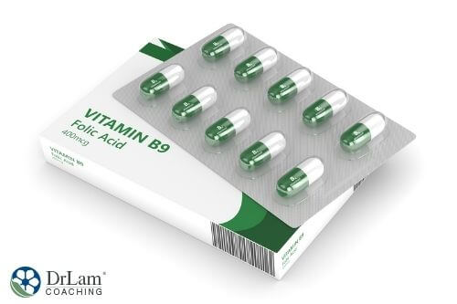 An image of green and white capsules in a blister package labeled as Folic Acid