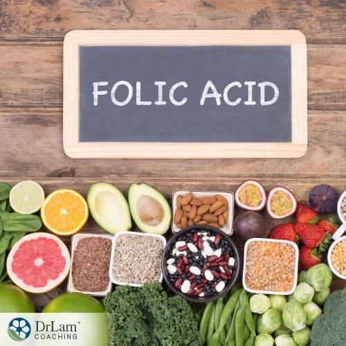 An image of folic acid rich foods with a sign saying Folic Acid