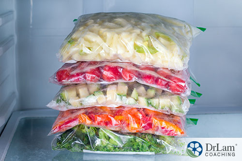 An image of stacked frozen foods in a freezer