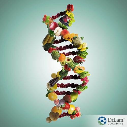 An image of a DNA double helix composed of fruits and vegetables
