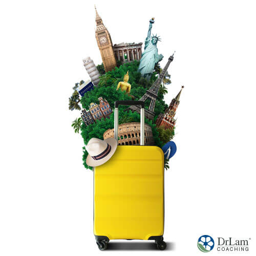 An image of a yellow suitcase with an array of international monuments on top