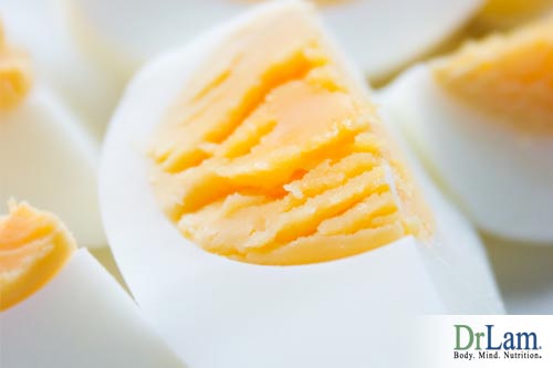 Cut hard boiled eggs. One of the health benefits of eggs is they contain tryptophan.