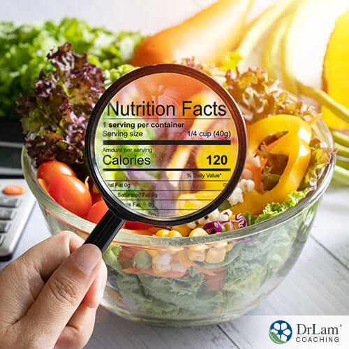 An image of someone holding a magnifying glass with nutritional information in front of a salad