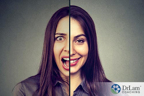 A split image of a woman's face, half is happy the other half is yelling