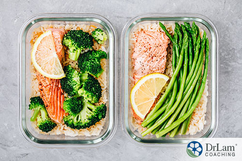 An image of two lunches consisting of brown rice, salmon, and a cooked green