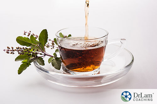 An image of holy basil tea with a sprig of fresh holy basil