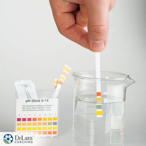 An image of someone using PH testing strips in a glass of water