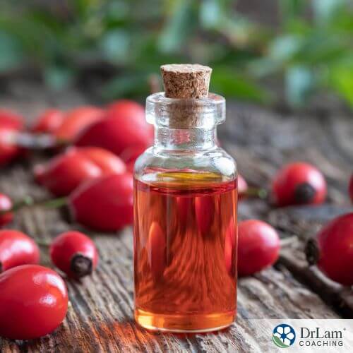 An image of rosehip oil and fresh rosehips