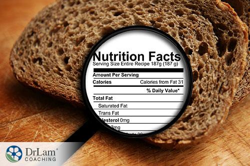An image of a slice of bread with a magnified nutrition facts