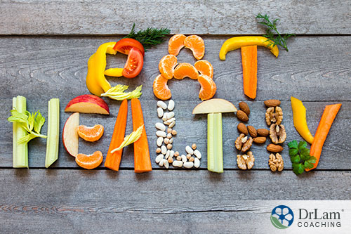 a presentation of healthy foods carved and formed into a word eat healthy