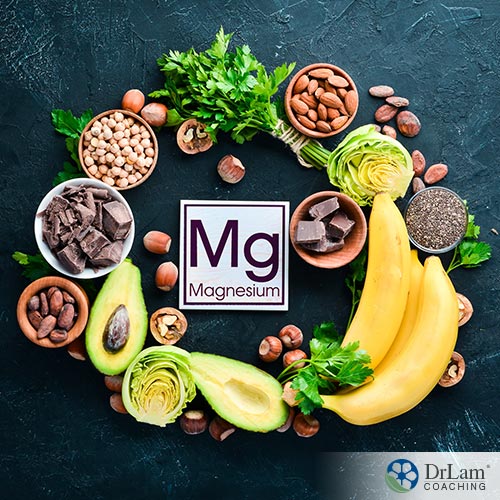 An image of magnesium rich foods arranged in a circle around a sign for magnesium