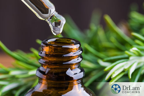 An image of rosemary oil with rosemary in the background