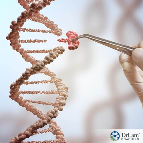 An image of a DNA double helix with a piece being replaced by a someone holding tweezers