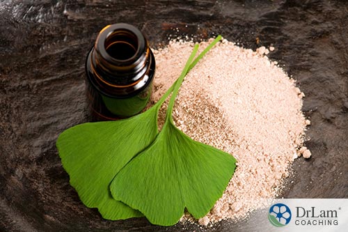 An image of ginkgo biloba leaves, powder and essential oil