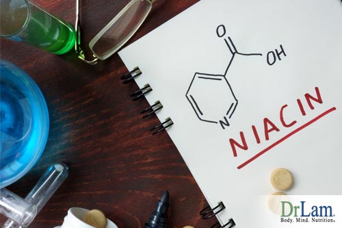 Depiction of niacin chemical structure and a niacin supplement. Niacin contributes to vitamin B complex benefits.