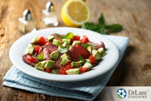 An image of a plate with a steak and avocado salad on it