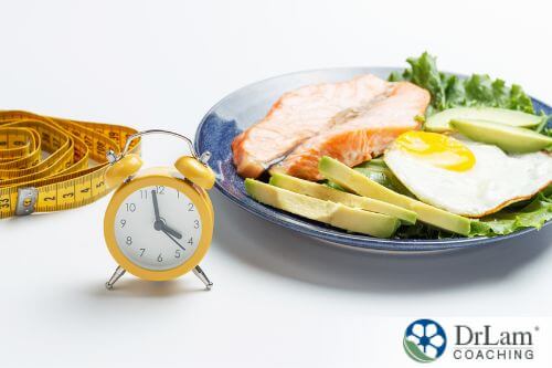 An image of a plate of food with a clock in front of it